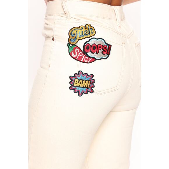 New 3 Fashion Nova Beige Patch Jeans Straight Mom Destructed Denim Retro - Picture 7 of 7